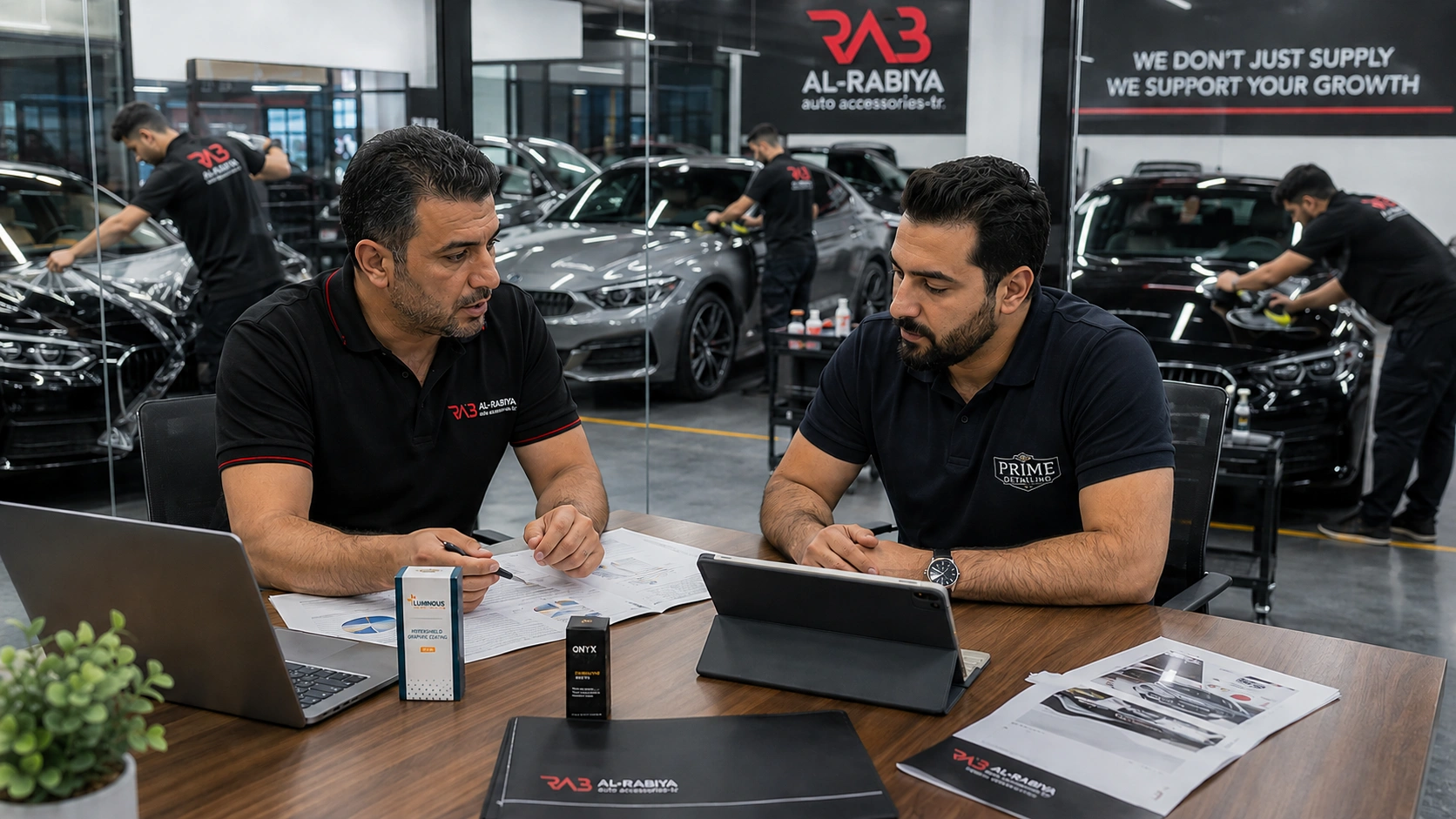 A detailing business owner and an Al-Rabiya representative are reviewing inventory forecasts, upcoming orders, service demand, and product planning. They are seated or standing naturally around a worktable