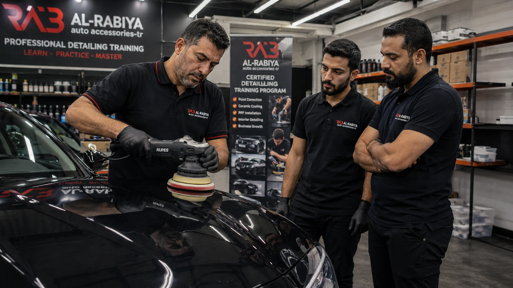 A professional trainer is demonstrating a PAINT PROTECTION FILM or ceramic coating preparation process on a luxury vehicle