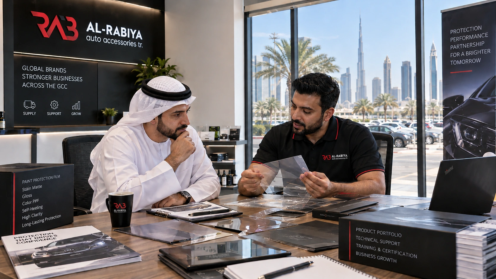 Al Rabiya Consultant or PPF supplier is explaining different PPF options and discussing how the installer can choose suitable film systems for different customer budgets and vehicle requirements