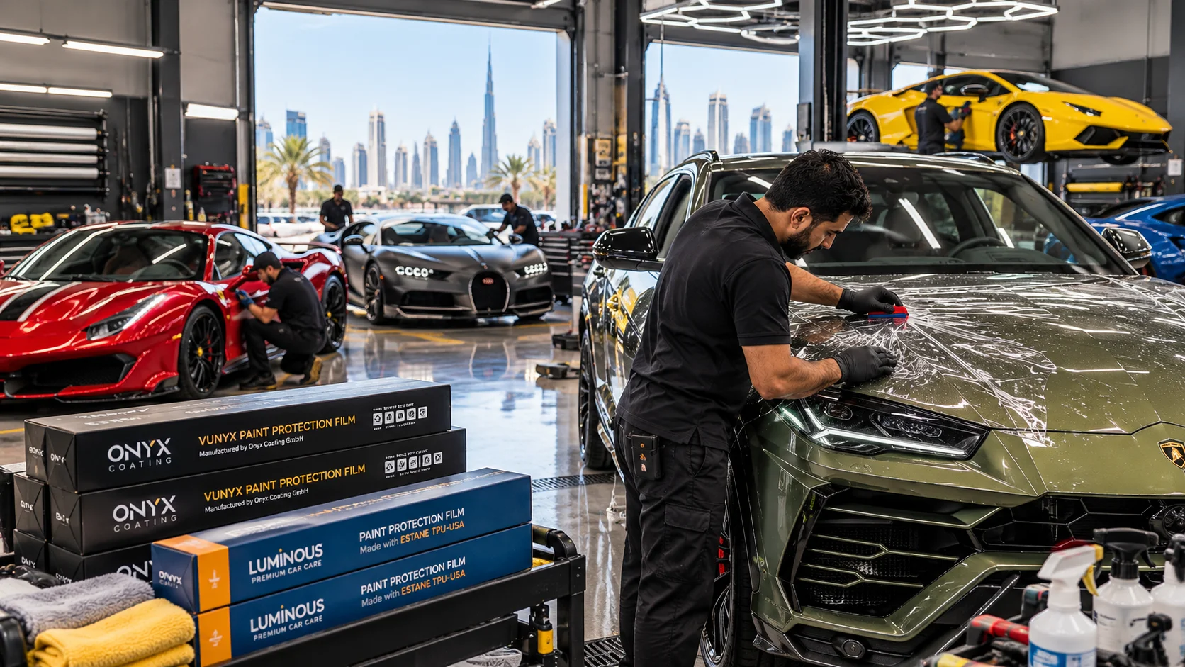 A luxury car PPF in in UAE, where a qualified car care installer is carefully applying transparent paint protection film to the front bonnet of a luxury Lamborghini