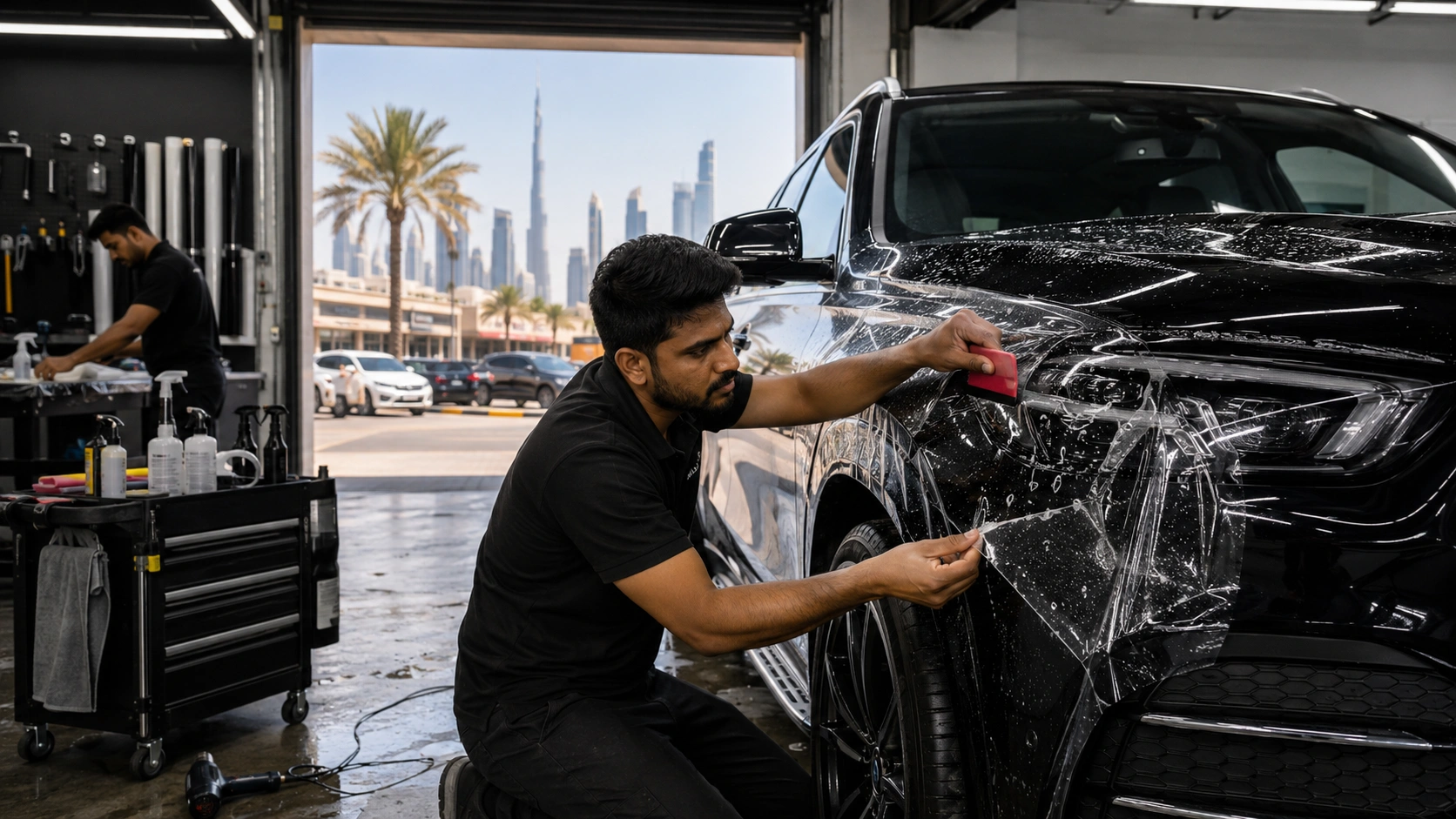 Professional PPF installer is working on a premium black luxury SUV