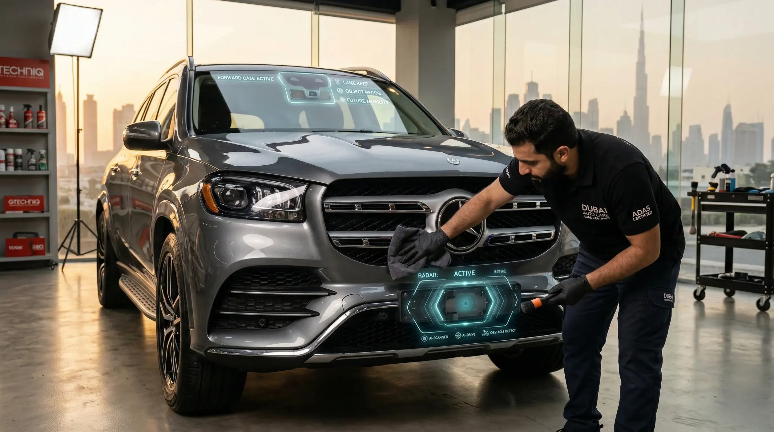 Professional car care process in a UAE detailing workshop, using advanced solutions from a leading car care products supplier to safely clean vehicle sensors and windshield.