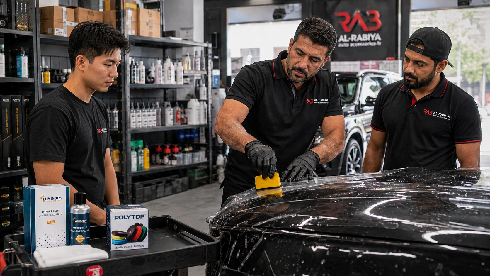 professional detailing training workshop in the UAE or Middle East where an experienced trainer demonstrates ceramic coating or Paint Protection Film (PPF) installation on a luxury vehicle while trainees observe & practice