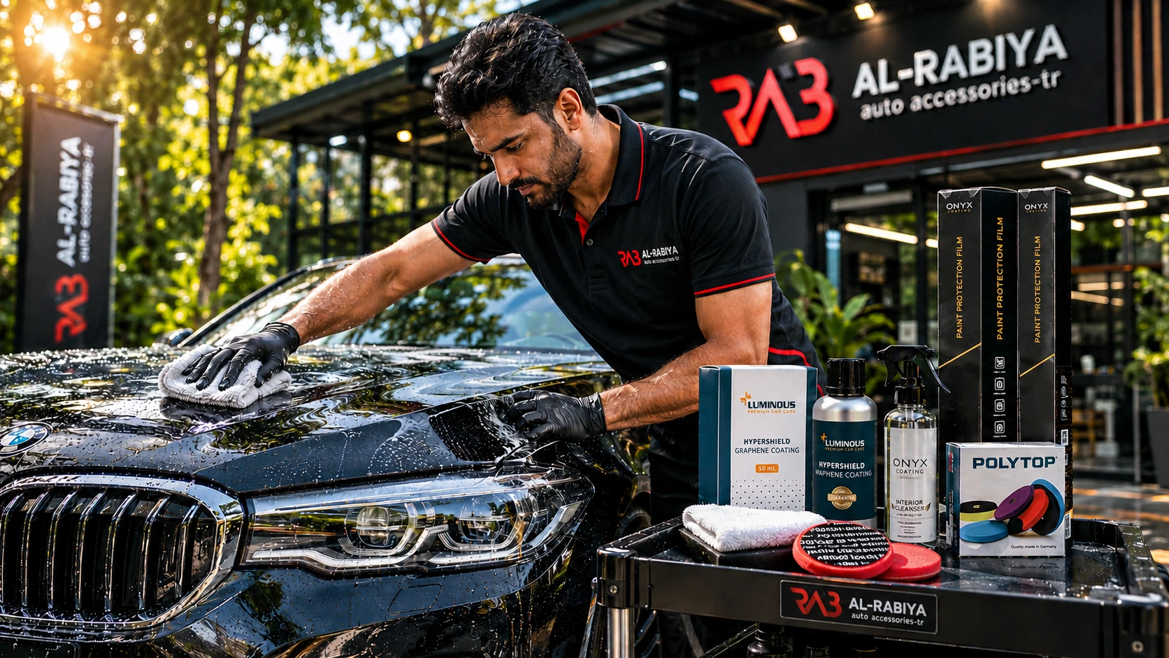 a professional automotive detailer cleaning and protecting a premium vehicle outdoors in a modern eco friendly car care detailing products facility surrounded by natural greenery.