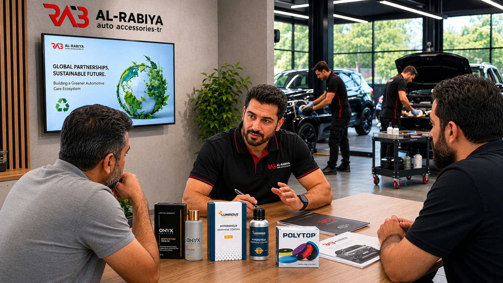 a professional consultant or trainer is discussing sustainable detailing solutions with workshop owners or installers around a worktable displaying the products