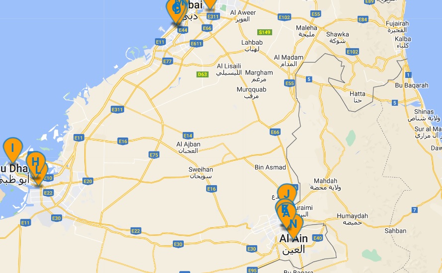 Map showing Al Rabiya car care store locations in the UAE.