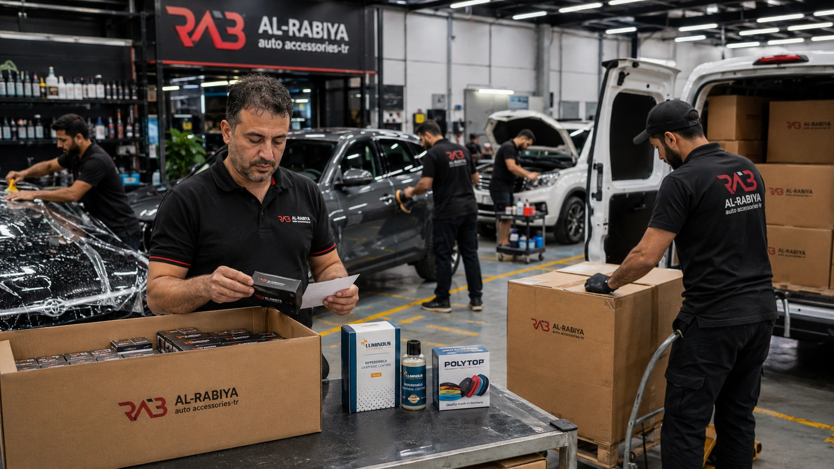 workshop manager is checking incoming inventory and confirming a delivery that has just arrived. A delivery team member is unloading automotive care products while car care professionals continue working without interruption.
