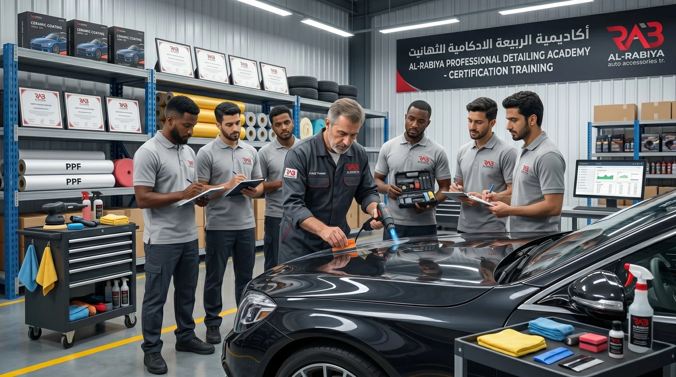 professional detailing training workshop in the UAE or Middle East where an experienced trainer demonstrates ceramic coating or Paint Protection Film (PPF) installation on a luxury vehicle while trainees observe & practice